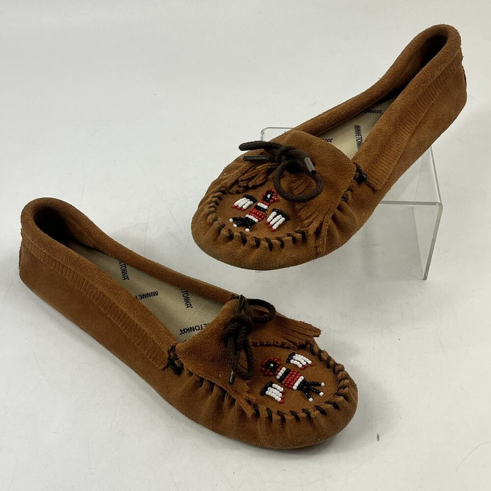 Minnetonka Thunderbird Womens Moccasins Size 7.5 Brown Suede Beaded Loafers